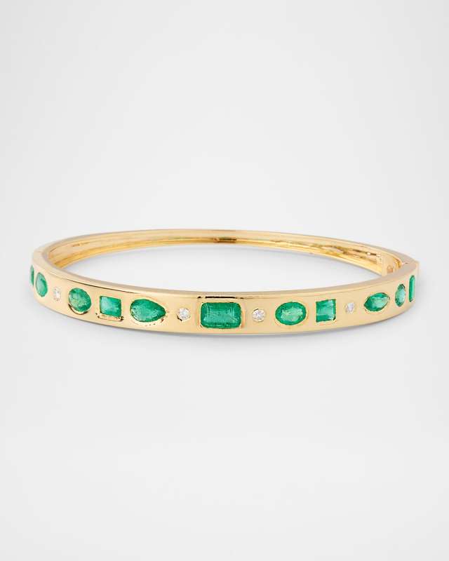 14K Yellow Gold Gypsy Diamond and Emerald Bangle Bracelet
